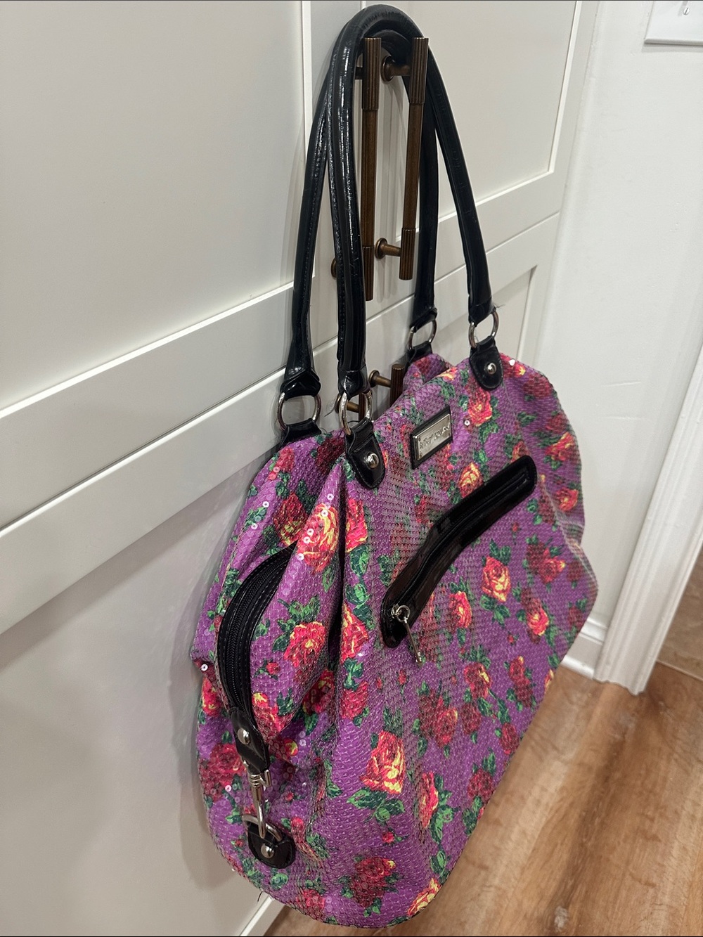 Betsey Johnson Purple Floral Travel Bag with Black Handles - Picture 3 of 9